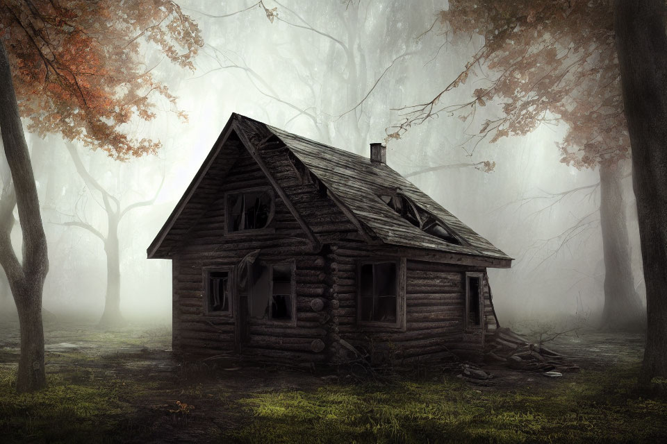 Abandoned log cabin in misty forest with eerie atmosphere