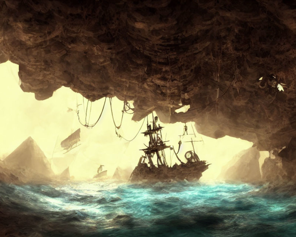 Mysterious sailing ship in dimly lit cave with jagged rocks