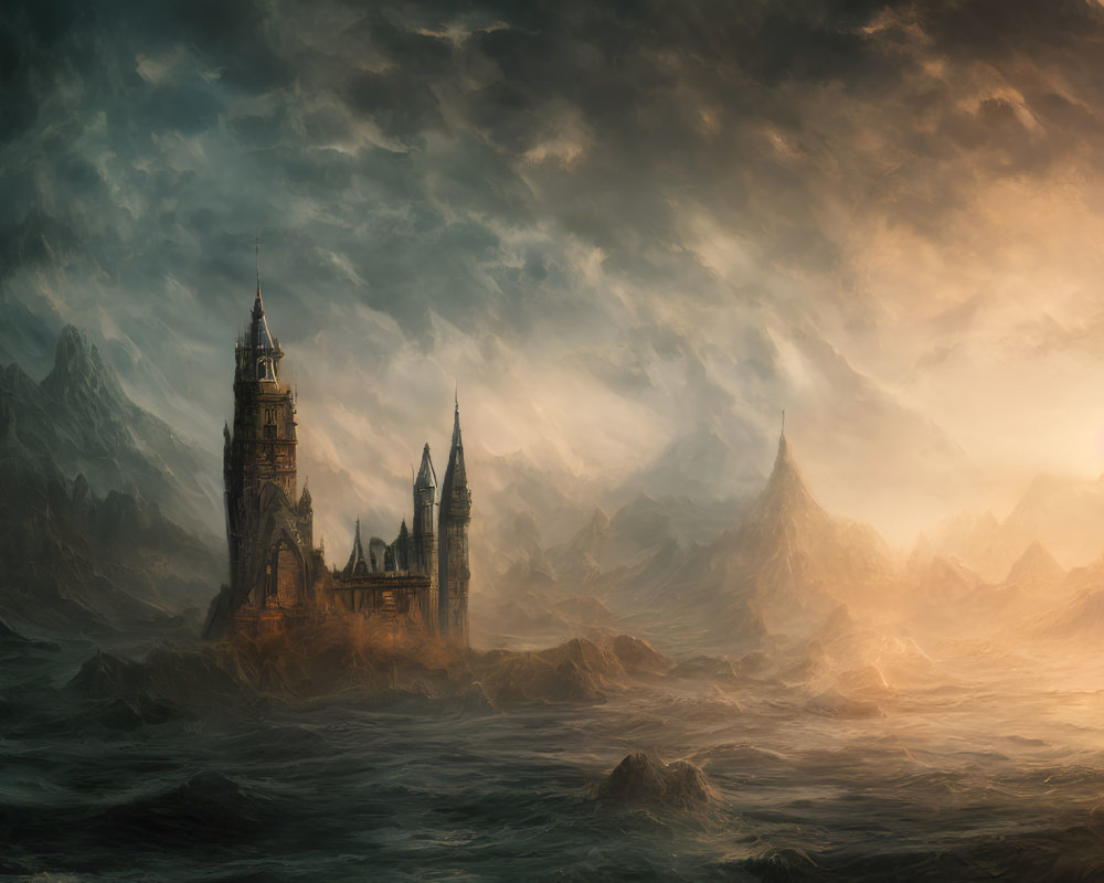 Detailed Fantasy Landscape: Dark Sky, Rough Sea, Castle on Rocky Outcrop at Sunset