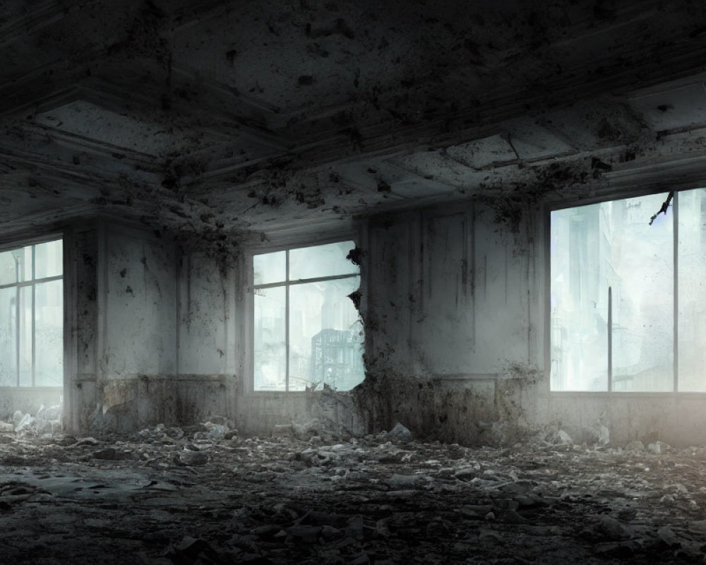 Desolate room with decaying walls and dusty windows