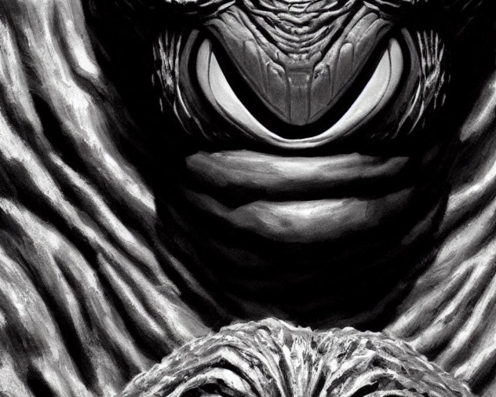 Monochrome artwork of textured creature with intense eyes