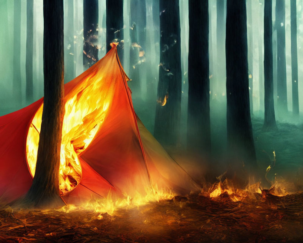 Red tent engulfed in flames amid forest fire with rising embers and misty trees