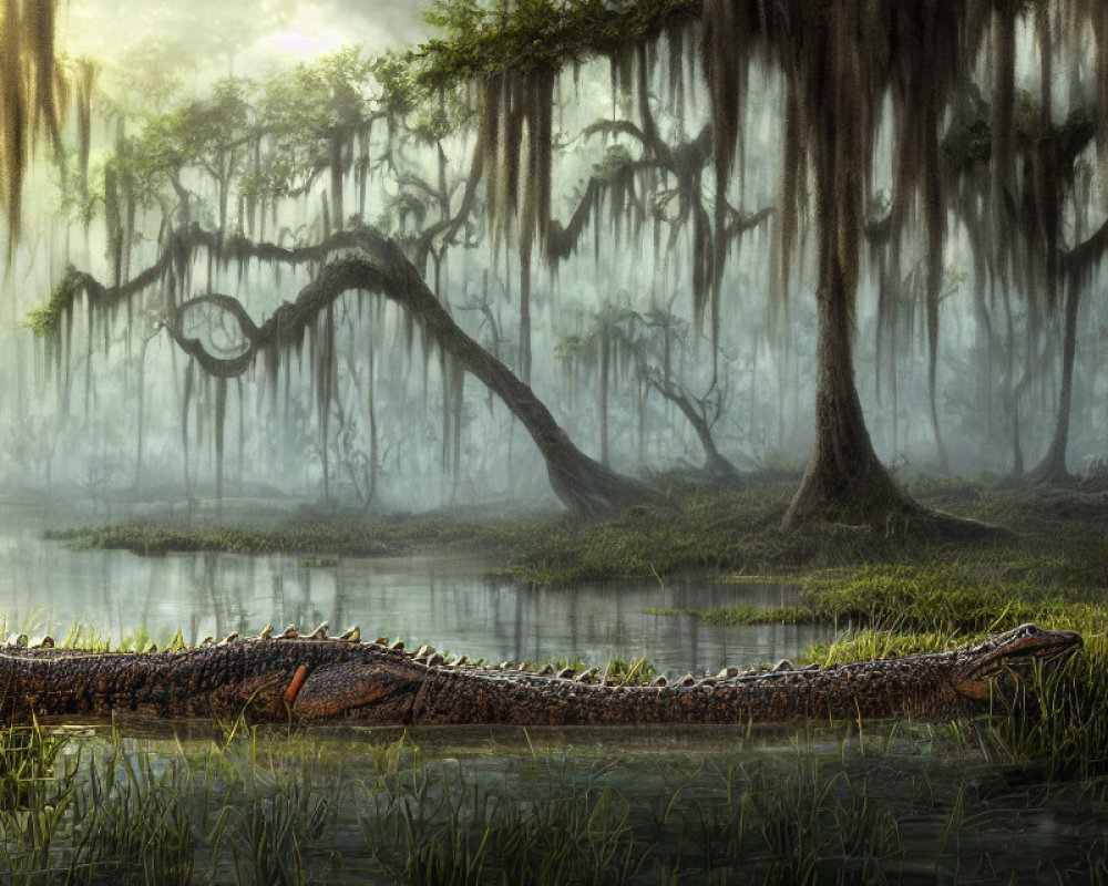 Tranquil swamp scene with lush greenery and resting alligator