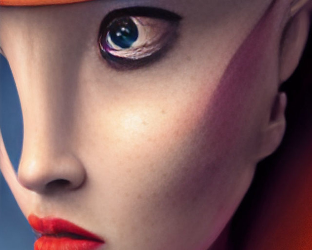 Person with artistic makeup and orange hat featuring surreal eye and red lips