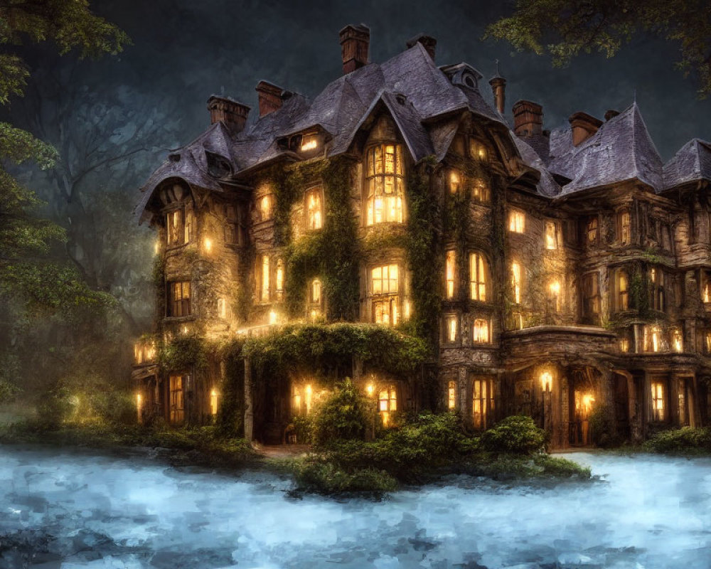 Victorian mansion in misty twilight near dark forest