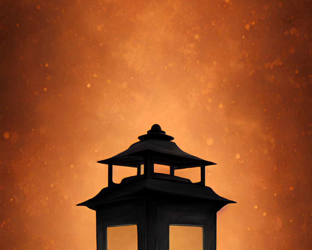 Illustration of classic lantern on orange starry background emitting green light