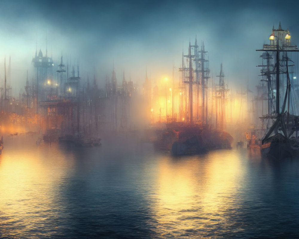 Mystical Foggy Harbor with Tall Ships and Glowing Lights