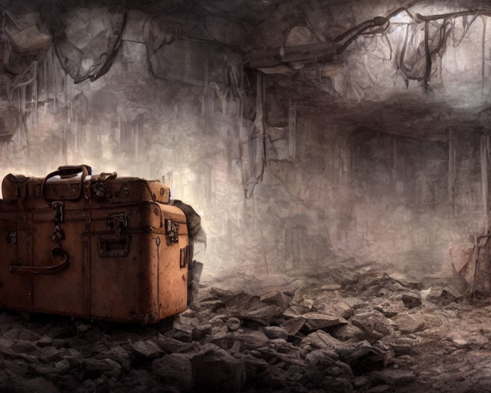 Weathered suitcase in dimly lit cave with stalactites and rocks