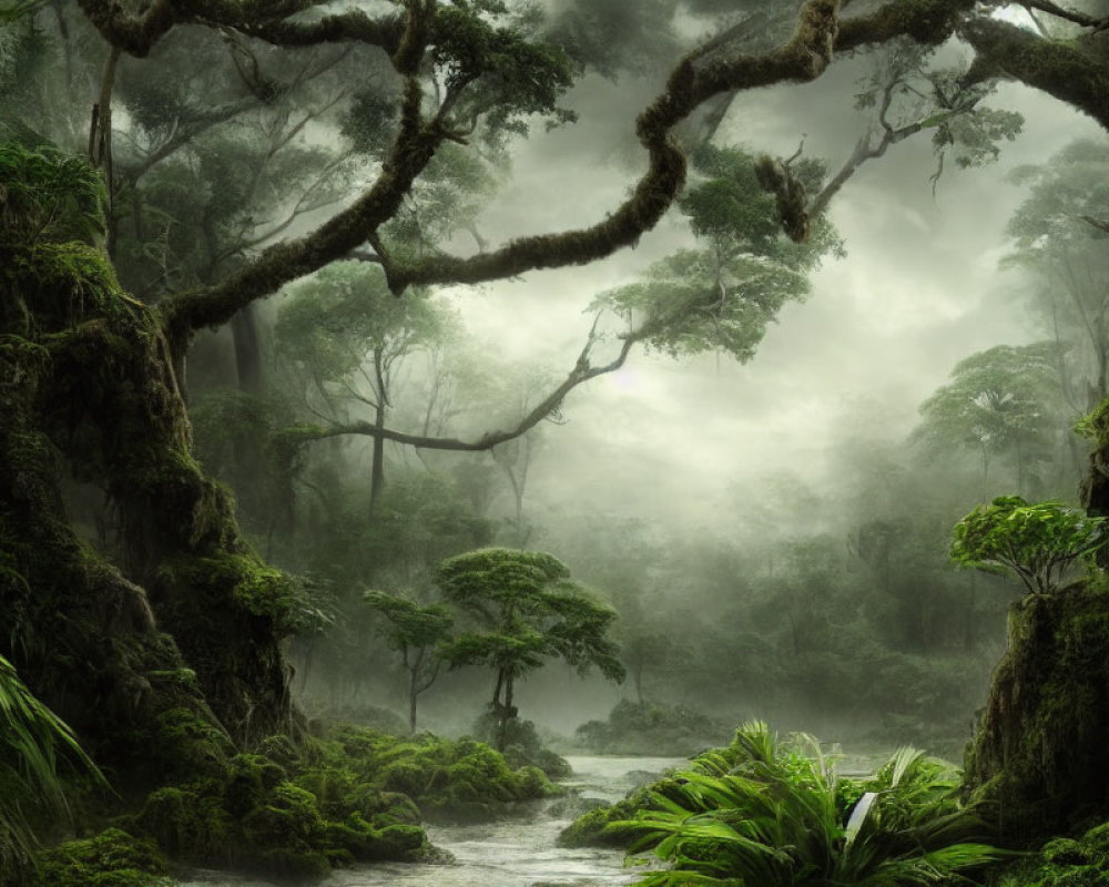 Lush Green Rainforest with Serene River and Moss-Covered Trees