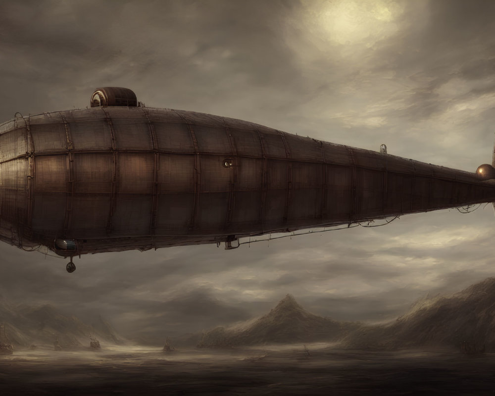 Steampunk-style airship with elongated balloon in sepia-toned sky above mountainous landscape