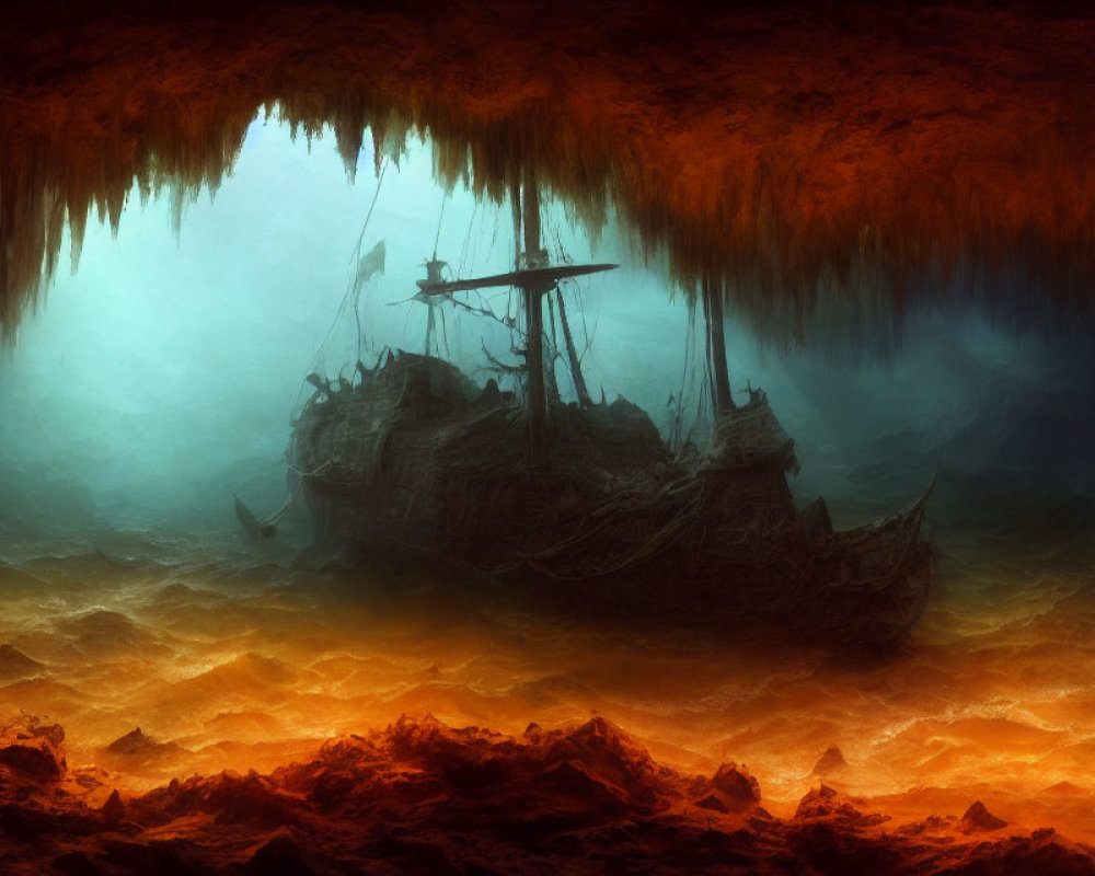 Eerie Shipwreck in Cavernous Setting with Golden Light Filtering Through