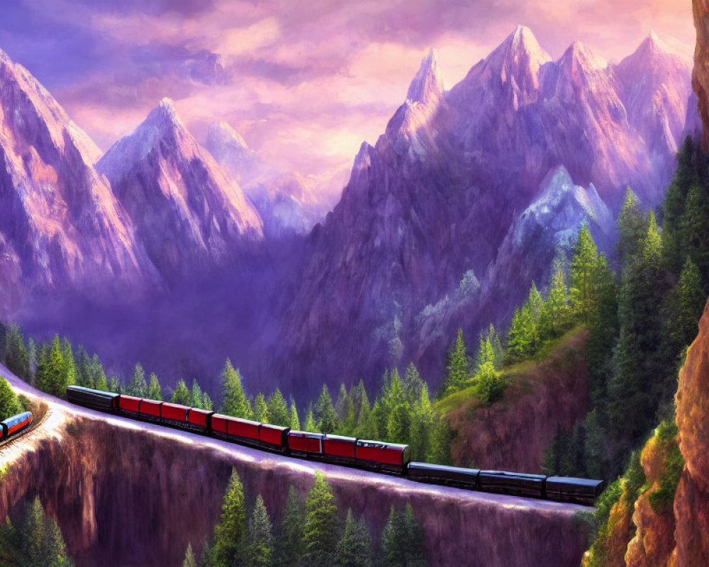 Colorful train traveling through mountainous landscape at sunset