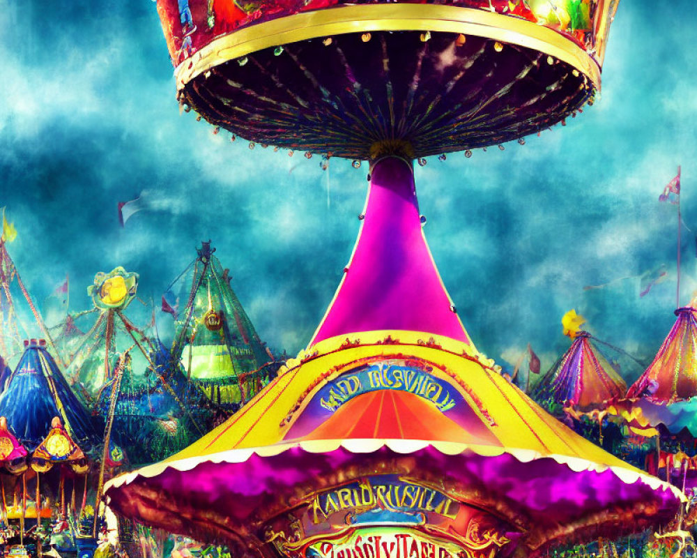 Colorful Amusement Park Scene with Carousel and Ferris Wheels