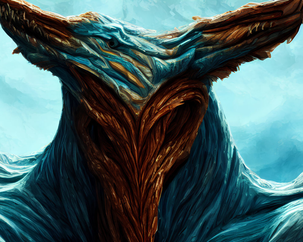 Abstract digital artwork: Majestic stag-like creature with tree-like antlers on aqua blue background