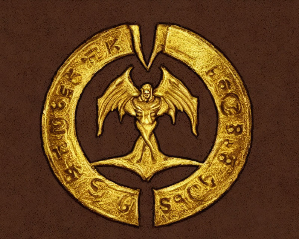 Golden Embossed Emblem of Muscular Figure with Wings on Brown Background