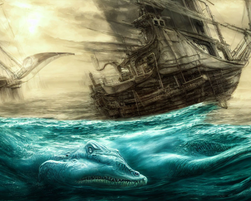 Ominous seascape with galleon and giant crocodile