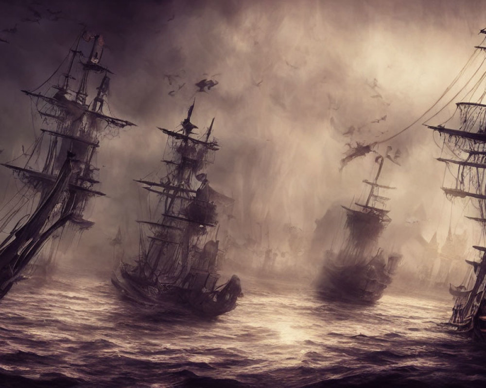 Ghostly ships with tattered sails in misty seas