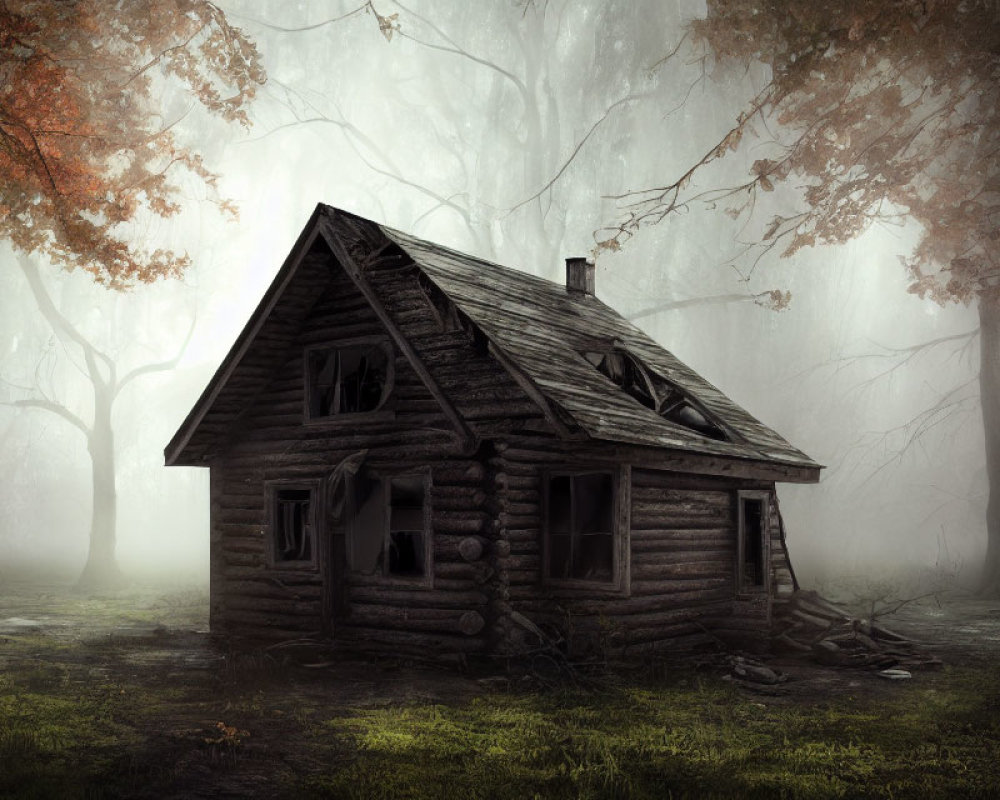 Abandoned log cabin in misty forest with eerie atmosphere