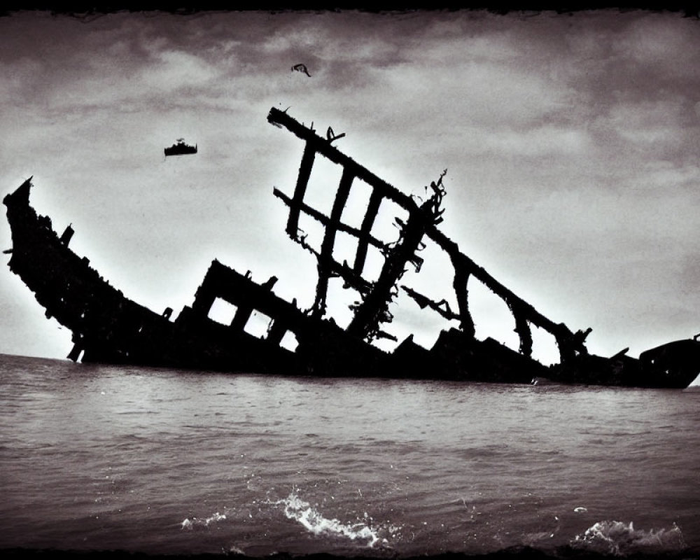 Sepia-Toned Shipwreck Skeleton Emerging from Sea with Dramatic Sky