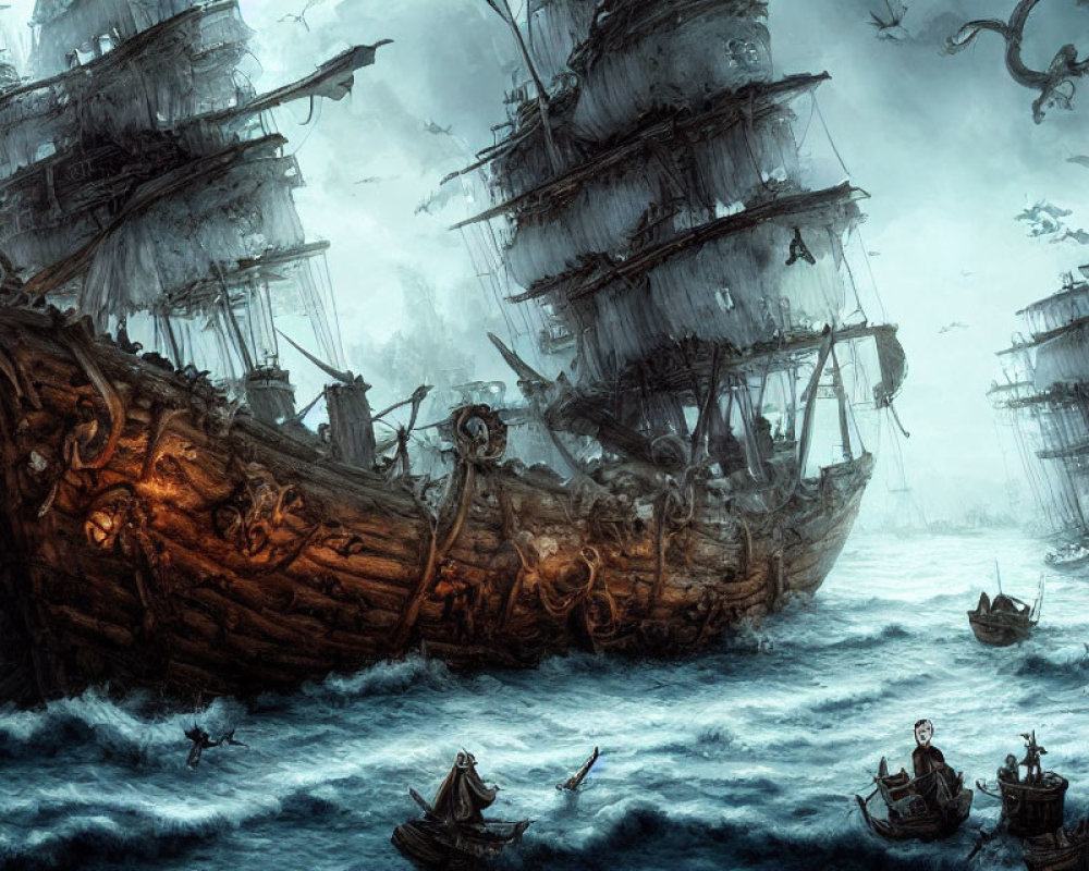 Old sail ships, rowboats, and sea serpent in stormy sea