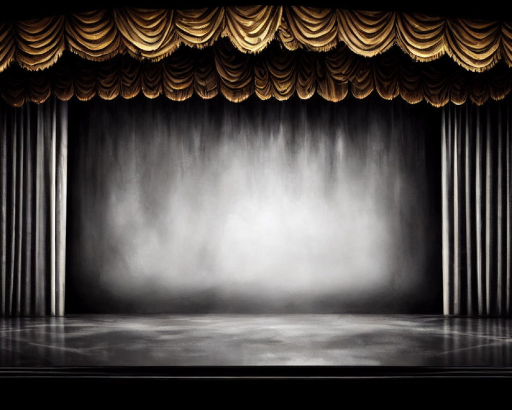 Theater stage with closed golden curtains and dramatic lighting