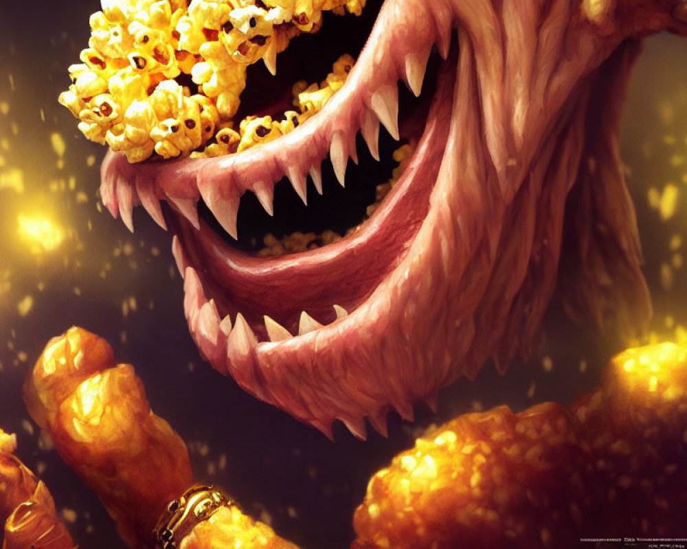 Monstrous creature with popcorn surroundings and caramel fists