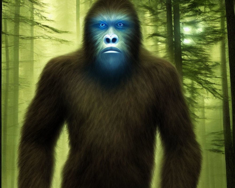 Mythical blue-faced ape-like creature in misty forest