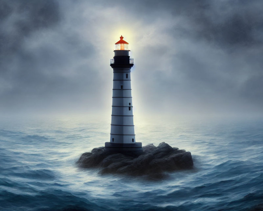 Stormy sea lighthouse beacon on rocky outcrop.