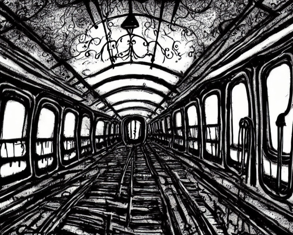 Monochrome sketch of vintage train carriage with chandeliers and arched windows