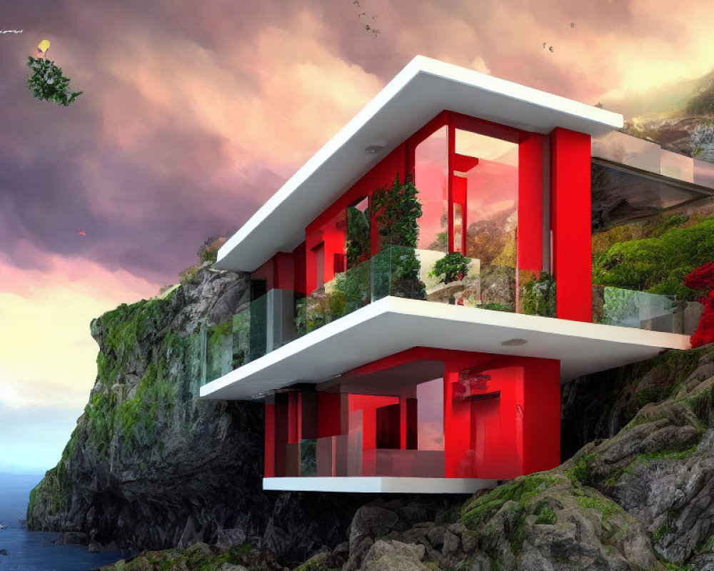 Modern Red and White House on Cliff with Large Windows and Dramatic Sky