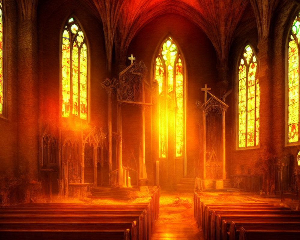 Gothic church interior with stained glass windows and warm golden light