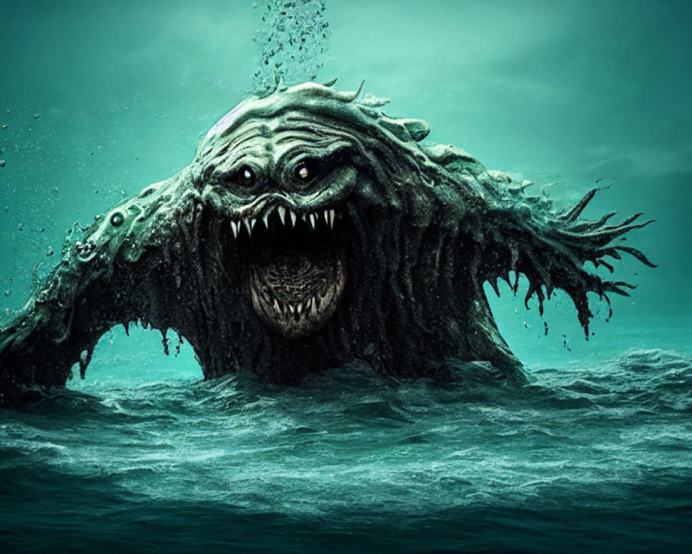 Monstrous sea creature with sharp teeth and tentacles in dark ocean waves