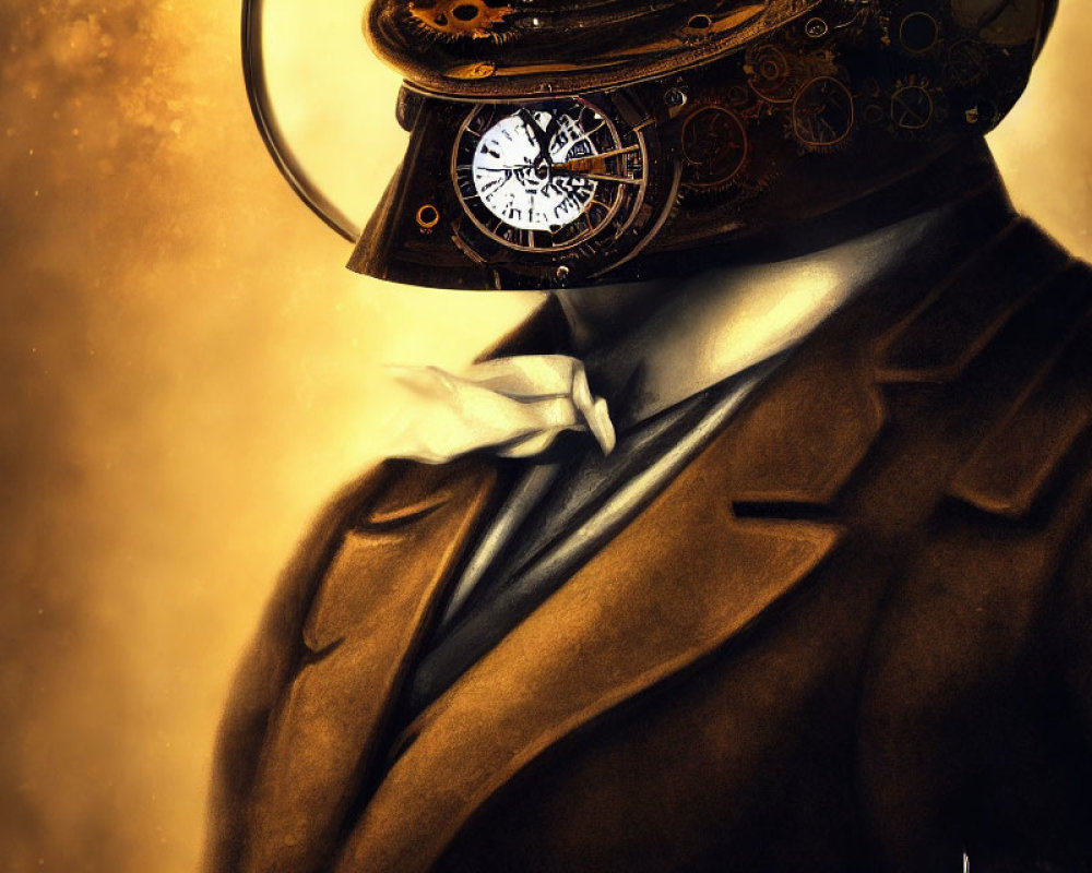 Steampunk-style portrait with mechanical head and vintage attire.