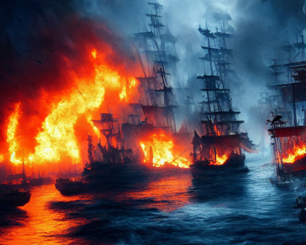 Night-time naval battle: Sailing ships ablaze on turbulent sea