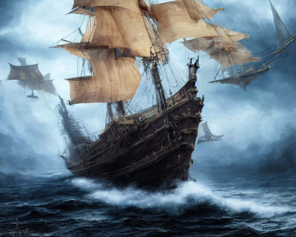 Majestic sailing ship in tumultuous seas with ghostly vessels