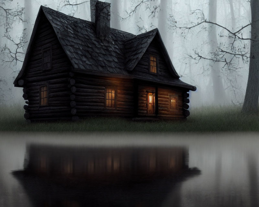 Glowing windows of eerie wooden cabin in misty forest reflection