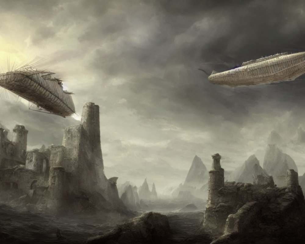 Airships over desolate landscape with ruins and mountains under cloudy sky