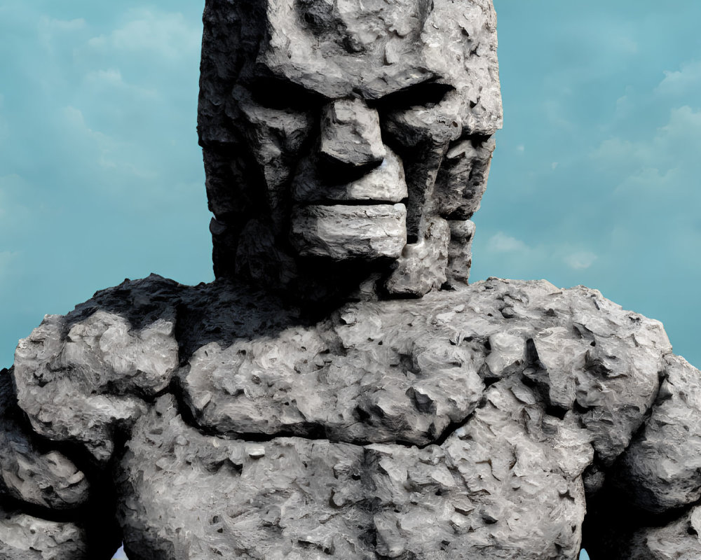 Muscular stone statue with stern face under cloudy sky