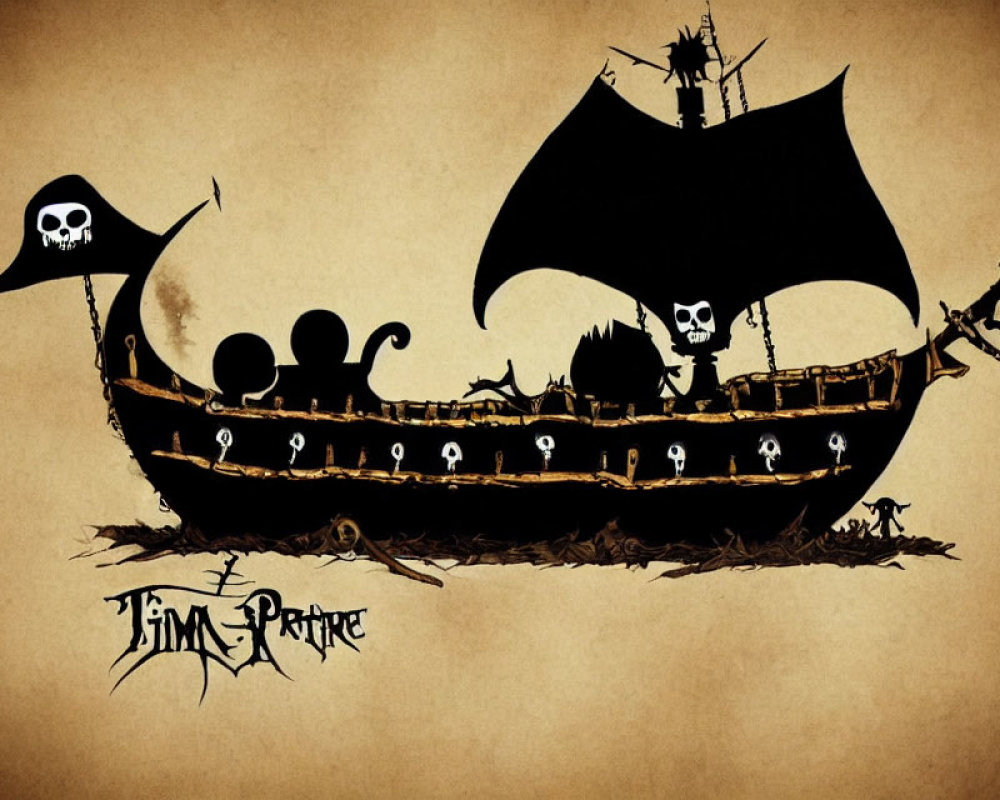 Pirate ship illustration with skull flags and silhouetted pirates on parchment background