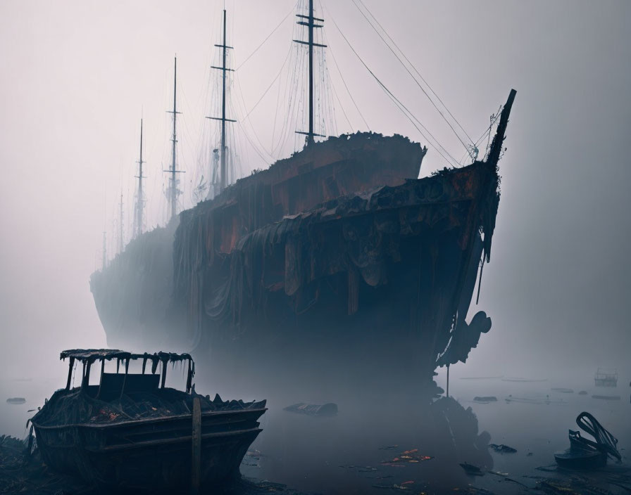 Abandoned ship and small boat in foggy maritime setting