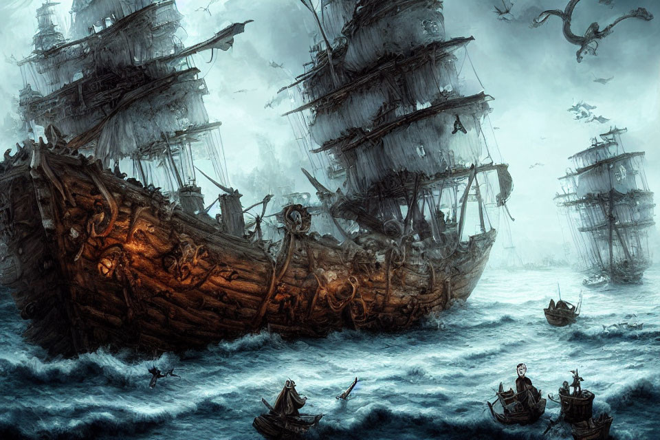 Old sail ships, rowboats, and sea serpent in stormy sea