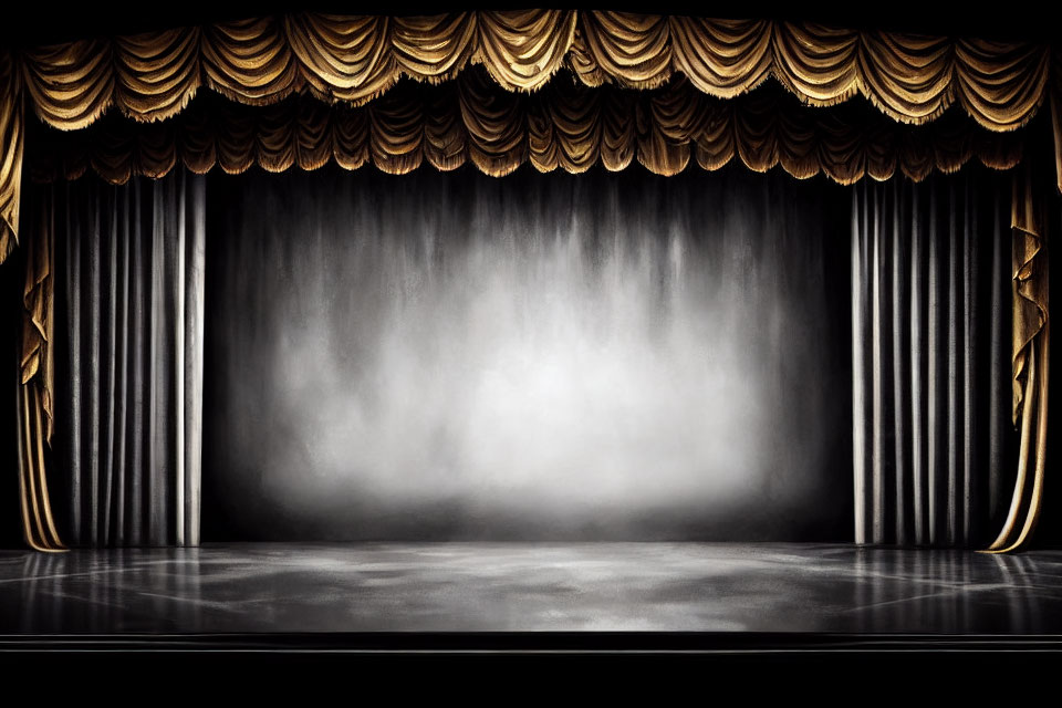 Theater stage with closed golden curtains and dramatic lighting