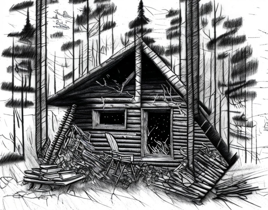 Dilapidated wooden cabin in forest with broken windows