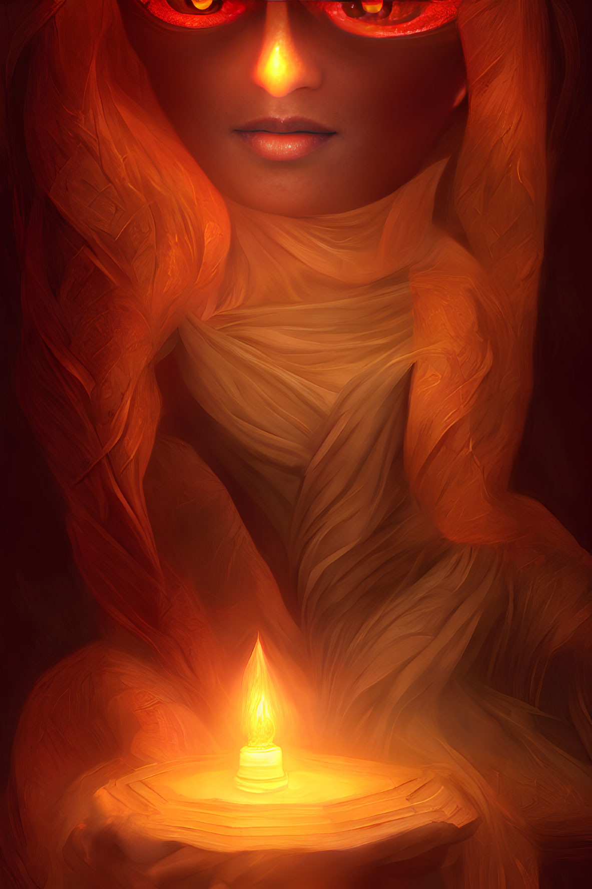 Person with Red Sunglasses, Fiery Hair, and Candle Flame Reflection