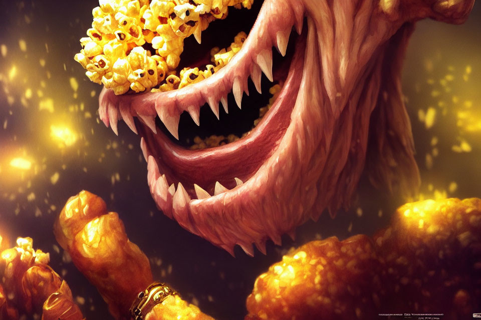 Monstrous creature with popcorn surroundings and caramel fists