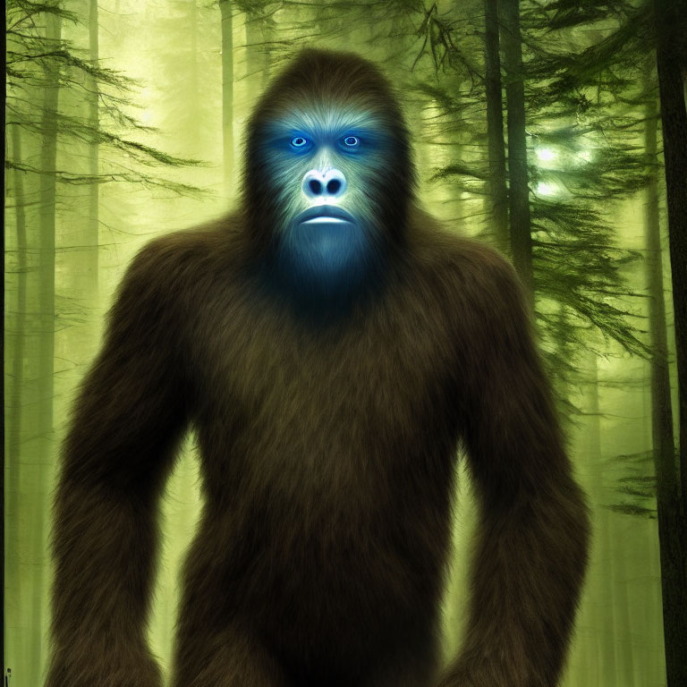 Mythical blue-faced ape-like creature in misty forest