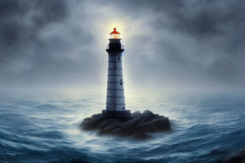 Stormy sea lighthouse beacon on rocky outcrop.