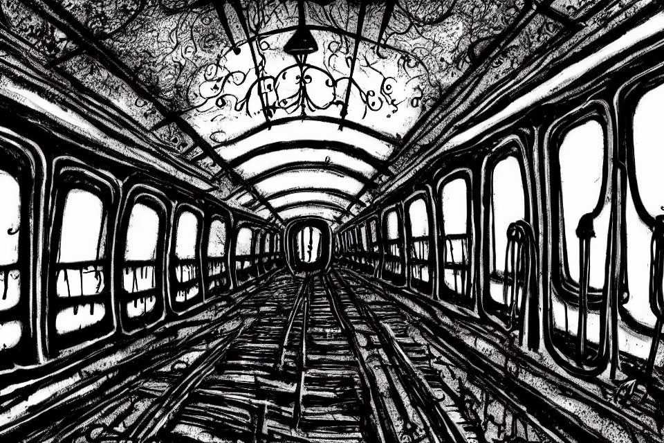 Monochrome sketch of vintage train carriage with chandeliers and arched windows