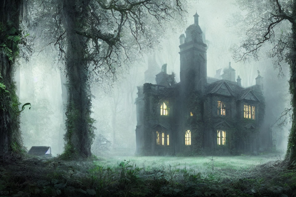 Eerie Gothic mansion in foggy forest with glowing windows