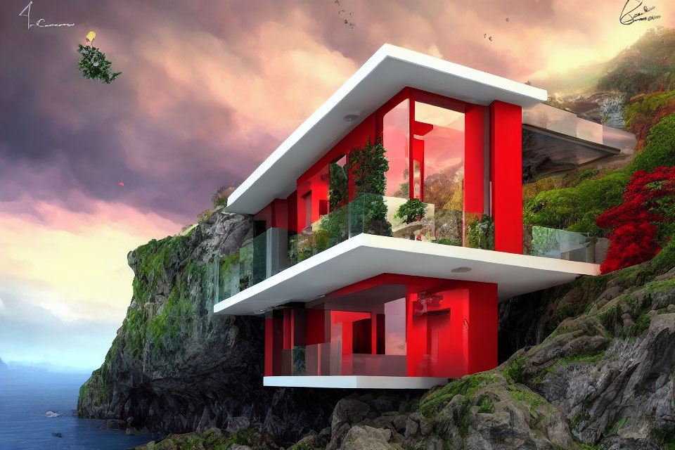 Modern Red and White House on Cliff with Large Windows and Dramatic Sky